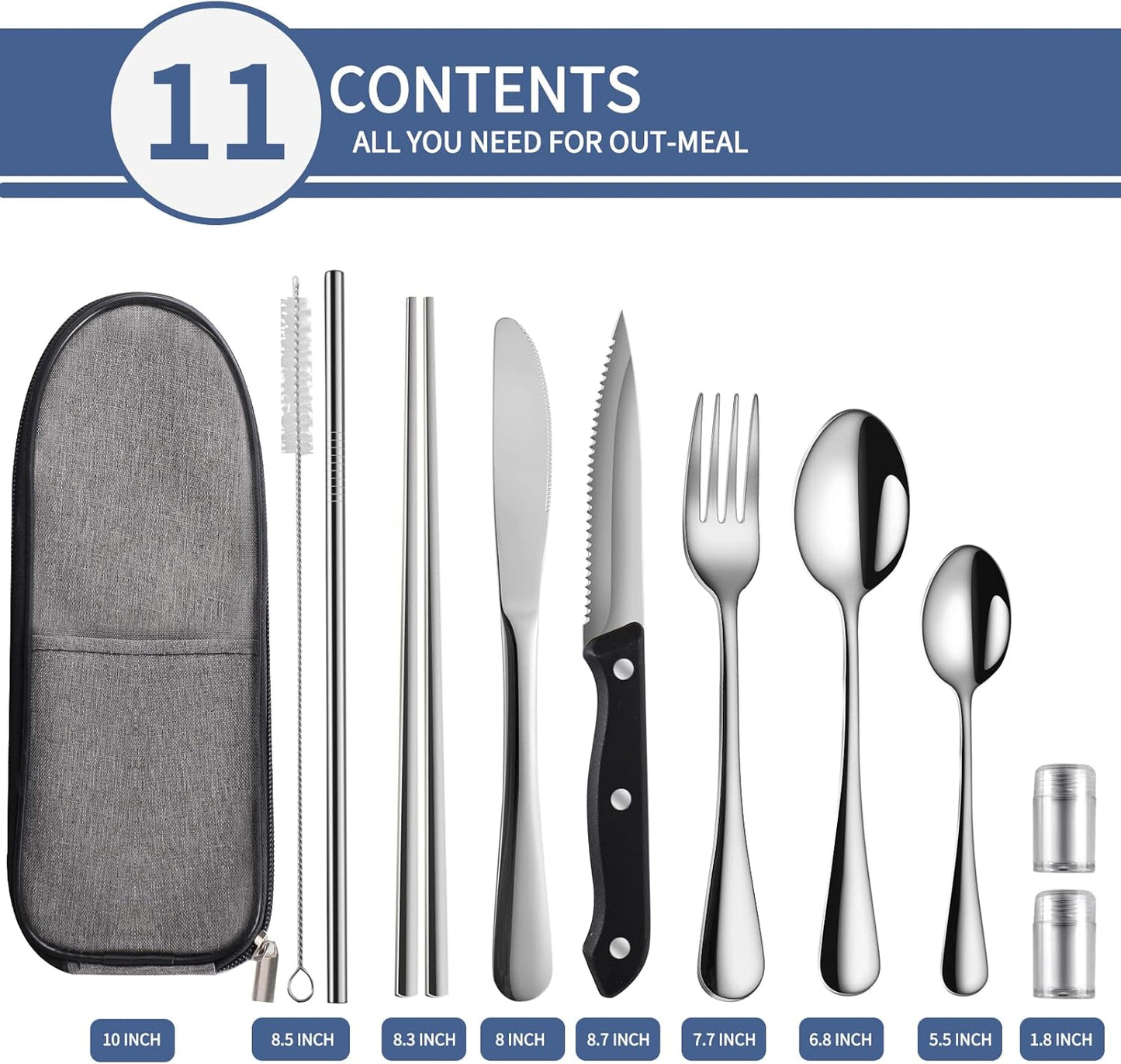 Logcow Travel Utensils Set with Case, 10-Piece Reusable Stainless Steel Camping Cutlery, Portable Fork Spoon Knife Chopsticks & Straw for Work, Lunch, Picnic (Rainbow)
