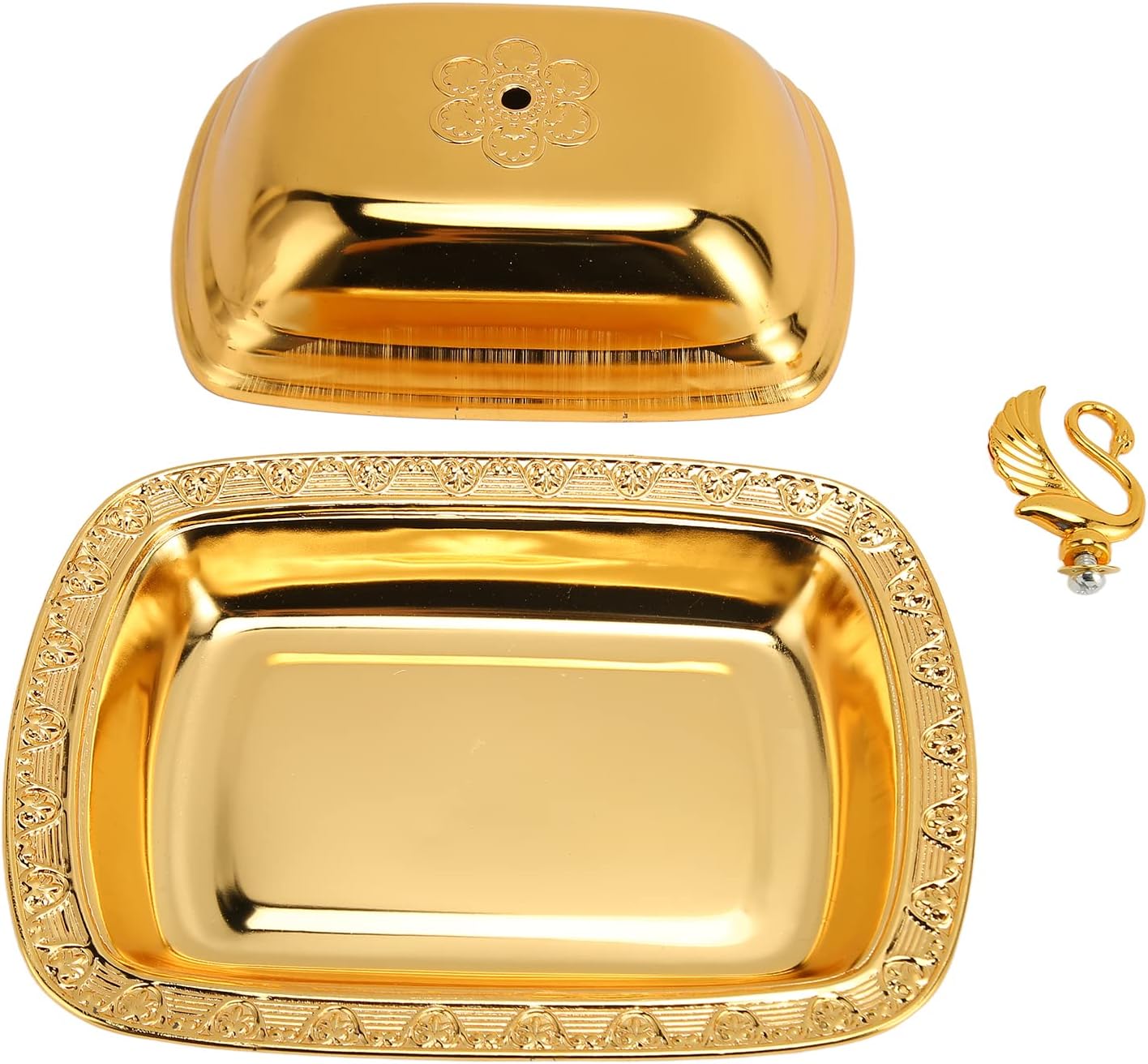 Stainless Steel Serving Tray, 7"x 5" Appetizer Plates with Swan Handle Lid, Fruit Dish Snack Serving Tray Decorative Dessert Platter Candy Holder for Wedding Home Birthday Party (Gold)
