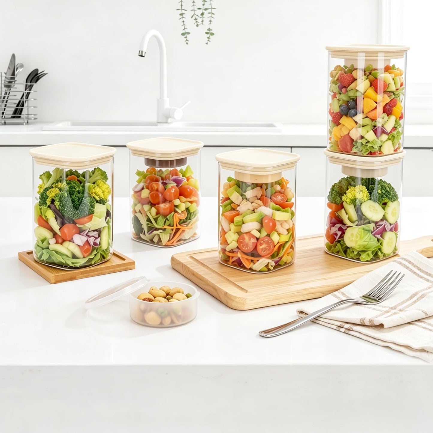 LIBWYS 39oz Large Glass Salad Jars with Lids Meal Prep, 5pack Square Containers for Home Storage & Lunch, Built-In Leakproof Compartments, Wet/Dry Separation for Salad Dressing & Ingredients
