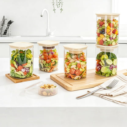 LIBWYS 39oz Large Glass Salad Jars with Lids Meal Prep, 5pack Square Containers for Home Storage & Lunch, Built-In Leakproof Compartments, Wet/Dry Separation for Salad Dressing & Ingredients