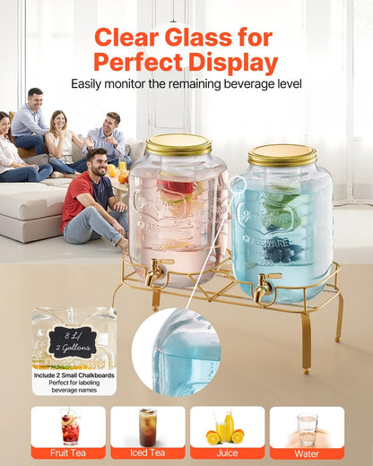 VEVOR Beverage Dispenser, 3 Pack 2 Gallon Drink Dispensers for Parties, Glass Juice Dispenser with Metal Stand, Stainless Steel Spigot, Infuser, Iced Tea Lemonade Juice Water Dispensers for Parties