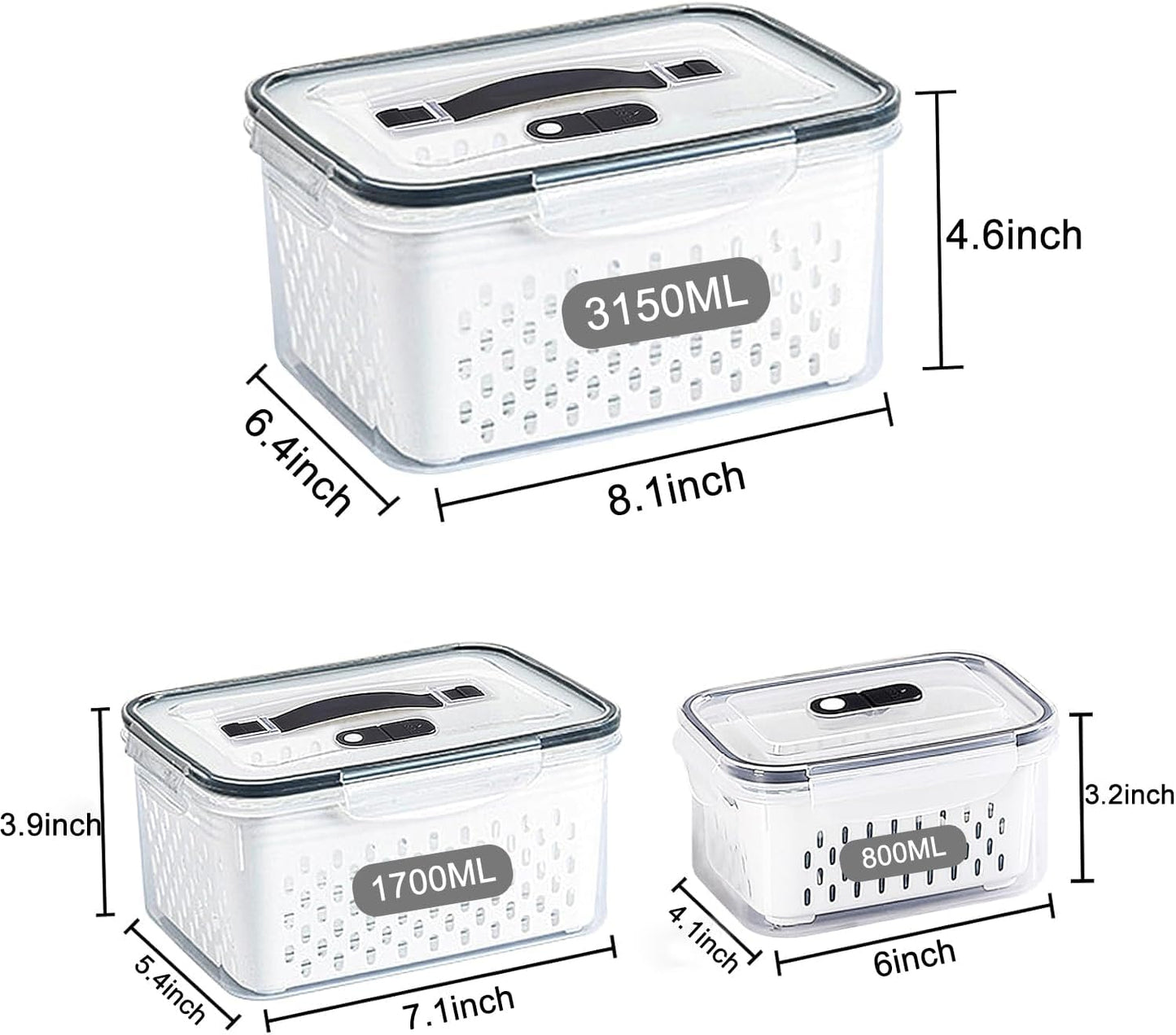 3Pack Fridge Food Storage Container Set with Lids with Strainer,Plastic Fresh Produce Saver Vegetable Fruit Meat Storage Organization, BPA-Free Plastic Produce Keepers(3.15L+1.7L+0.8L)