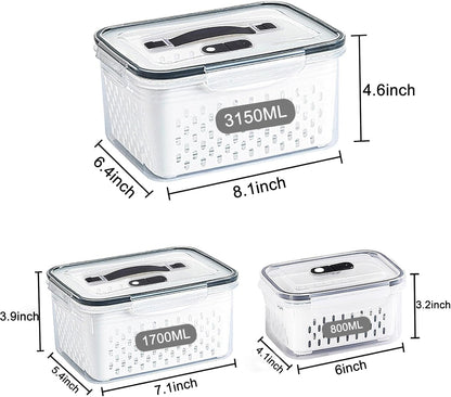 3Pack Fridge Food Storage Container Set with Lids with Strainer,Plastic Fresh Produce Saver Vegetable Fruit Meat Storage Organization, BPA-Free Plastic Produce Keepers(3.15L+1.7L+0.8L)