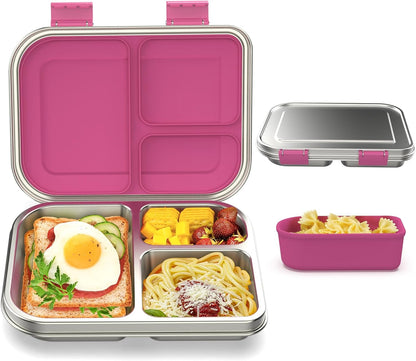 BABHAMNESS Stainless Steel Bento Box Kids, 3 Compartments Leak Proof Metal Bento Lunch Box, 304 Stainless Steel Bento Lunch Containers for School and Office,Dishwasher Safe, BPA-Free-Pink