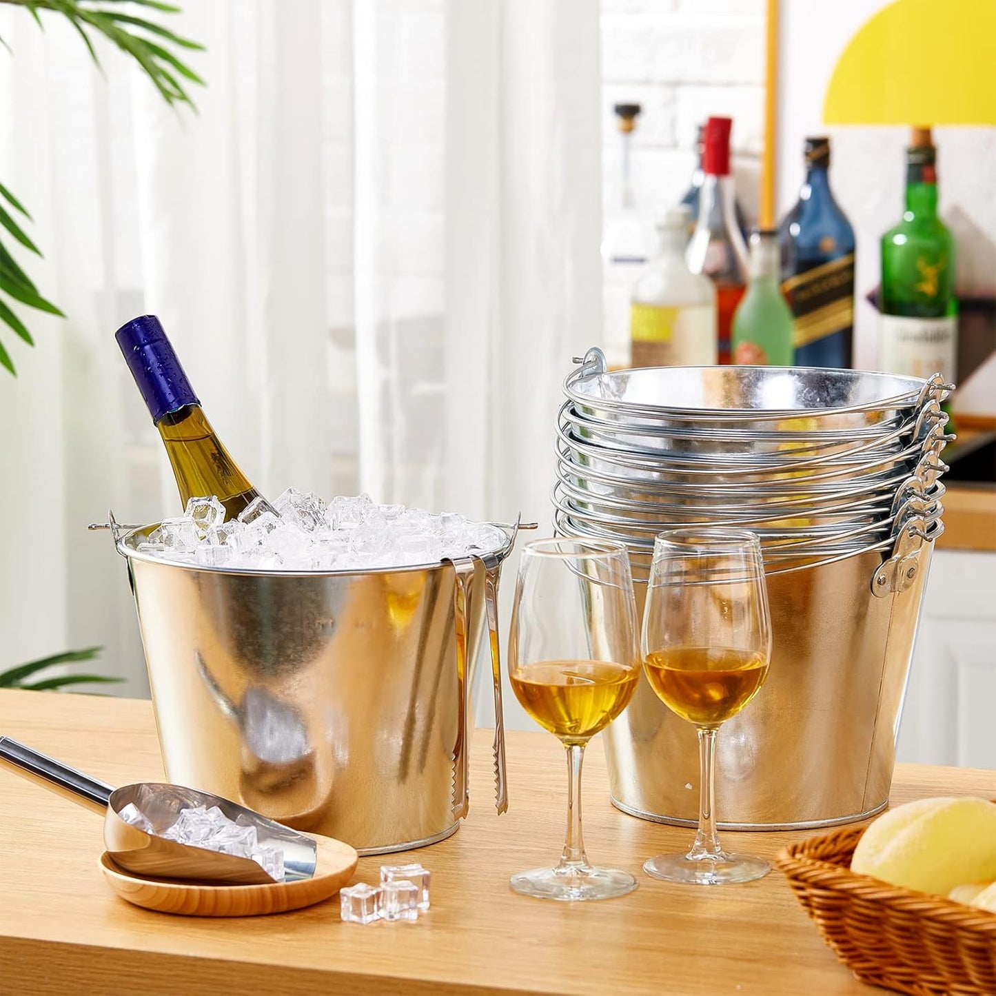 Zopeal 12 Pcs Galvanized Beer Bucket Set, Includes 8 Metal Ice Buckets 5qt with 2 Scoops & 2 Tongs, Round Slive Pails Bulk for Weddings Birthday Beach Pool Party Supplies Summer Table Centerpieces