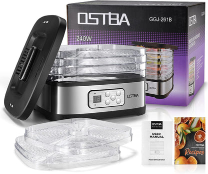 OSTBA Food Dehydrator Machine Adjustable Temperature & 72H Timer, 5-Tray Dehydrators for Food and Jerky, Fruit, Dog Treats, Herbs, Snacks, LED Display, 240W Electric Food Dryer, Recipe Book