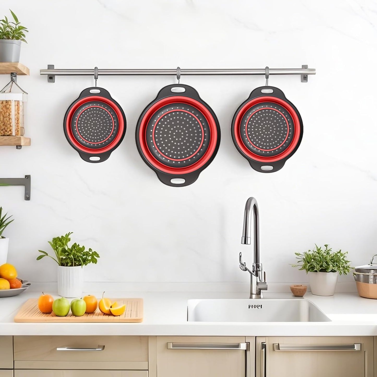 Collapsible Colander 3-Pack Set Space-Saving Foldable Kitchen Strainer with Non-Slip Base Durable Thickened PP+TPE Collapsible Strainers for Pasta, Vegetables, Fruits (Gray-White)