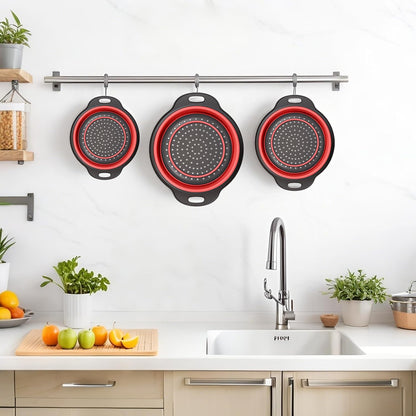Collapsible Colander 3-Pack Set Space-Saving Foldable Kitchen Strainer with Non-Slip Base Durable Thickened PP+TPE Collapsible Strainers for Pasta, Vegetables, Fruits (Gray-White)