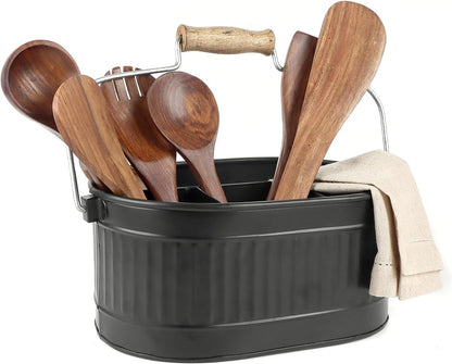 CLEENTABLE Rustic Galvanized Utensil Caddy - Farmhouse Silverware Holder for Kitchen, Dining, Picnic, Parties - Durable Cutlery Organizer with Handle, Countertop Storage (Black)