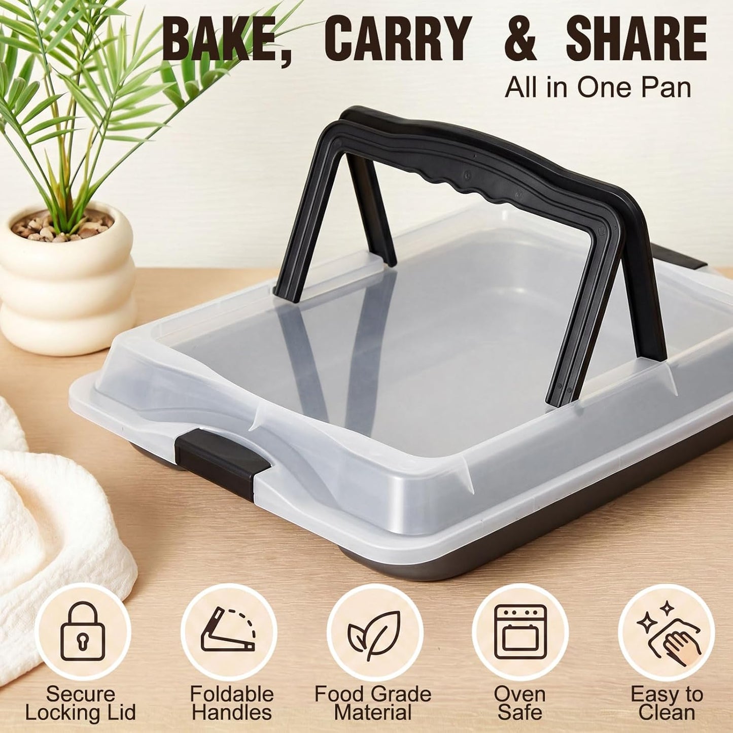 Qinyoung 1 Pcs Cake Baking Pan with Lid and Handle, 9 x 13 Inch Non-stick Rectangle Sheet Cake Pan Carrier for Brownie Roasting Cooking Baking (Black)