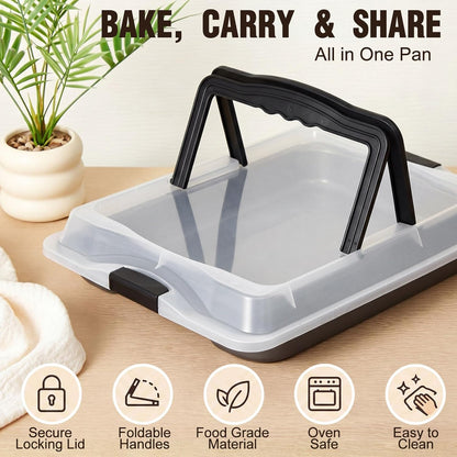 Qinyoung 1 Pcs Cake Baking Pan with Lid and Handle, 9 x 13 Inch Non-stick Rectangle Sheet Cake Pan Carrier for Brownie Roasting Cooking Baking (Black)