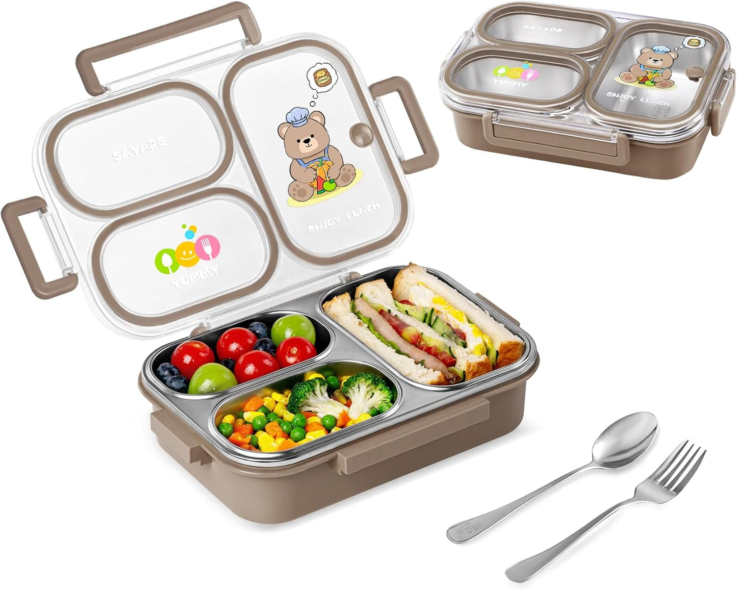 SAYAPE Stainless Steel Bento Lunch Box for Kids, 26.4 oz Leak-Proof 3-Compartment Metal Bento Box, BPA-Free, Cute Cartoon Meal Prep Snack Container with Utensils for School, Office, Travel - Beige