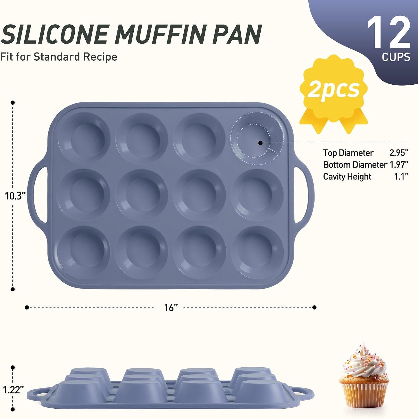 2 Packs 12 Cups Silicone Muffin Pan for Baking with Metal Reinforced Frame Regular Size Cupcake Pan Tray Egg Bites Silicone Cookie Molds Muffin Tin Tart Pans Sheet Set for Oven Dishwasher Safe