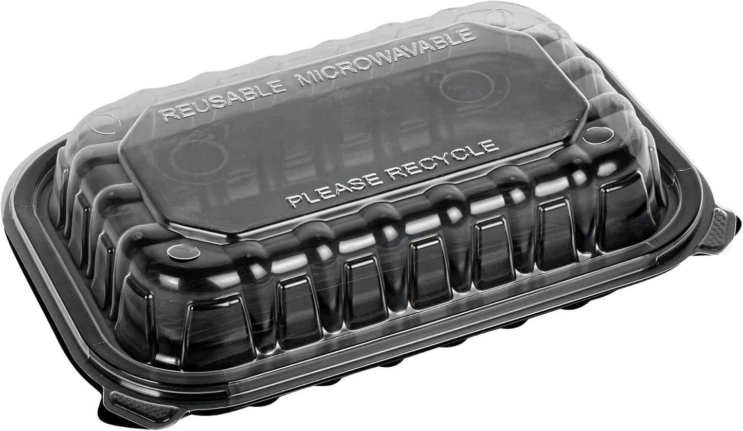 Thermo Tek 40 Ounce Clamshell Containers, 50 Disposable Take Out Boxes - 3 Compartments, Ventilated Lids, Black Plastic Meal Prep Containers, Microwavable, For Pasta Or Salads - Restaurantware