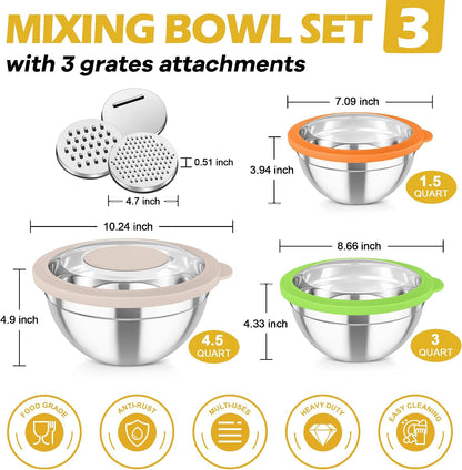 TeamFar Mixing Bowls, Stainless Steel Nesting Salad Bowls with Lids Set of 3 & 3 Grater Attachments, For Mixing/Serving/Storing, Non-toxic & Long-lasting, Size 4.6/3 / 1.5 QT, Black