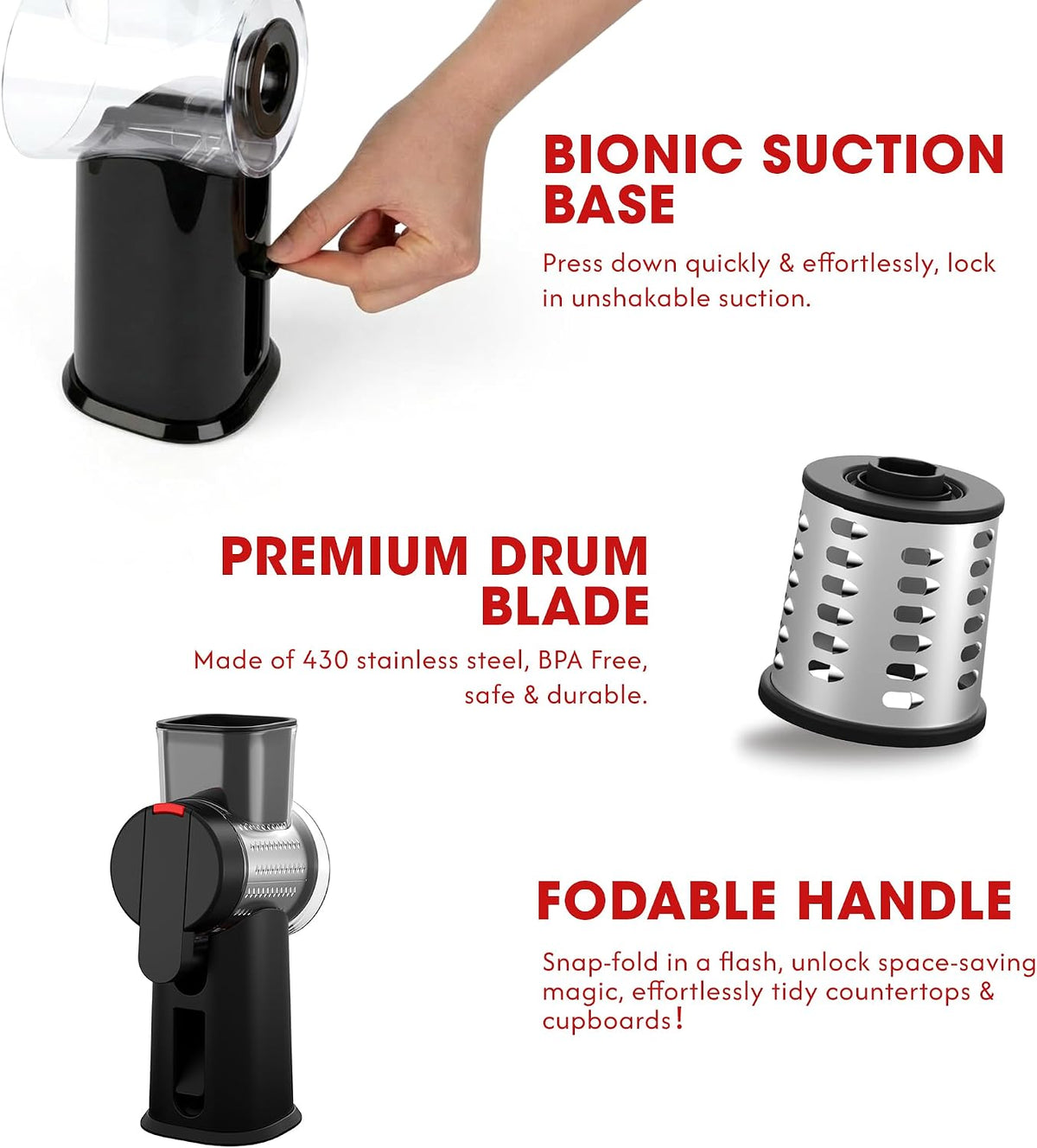 Rotary Cheese Grater Hand Crank with Foldable Handle, Three Blades
