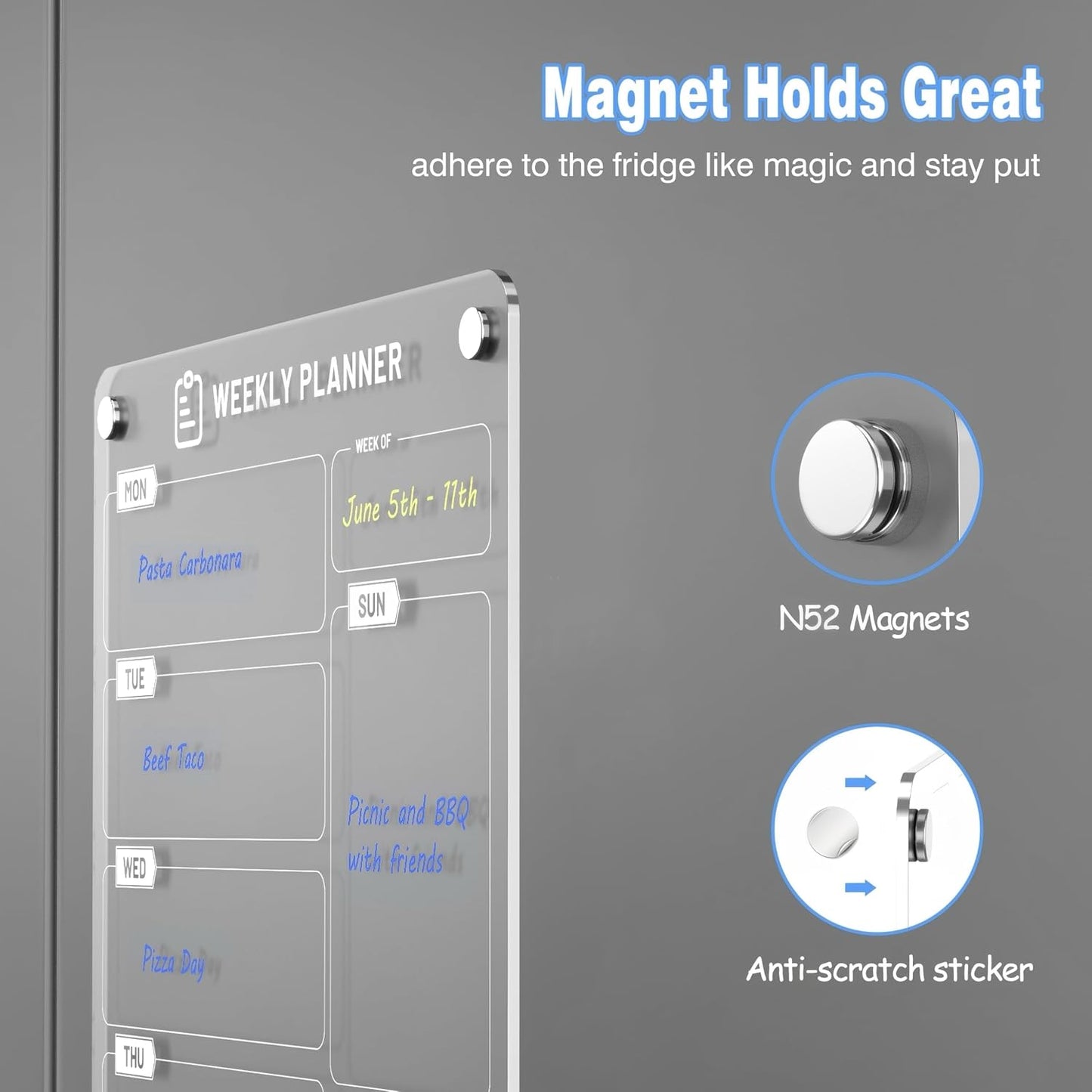 Magnetic Meal Planner for Kitchen Fridge Clear Weekly Calendar Menu Board to Do List, Shopping List and Chore Chart - 7.9" x 11.8"