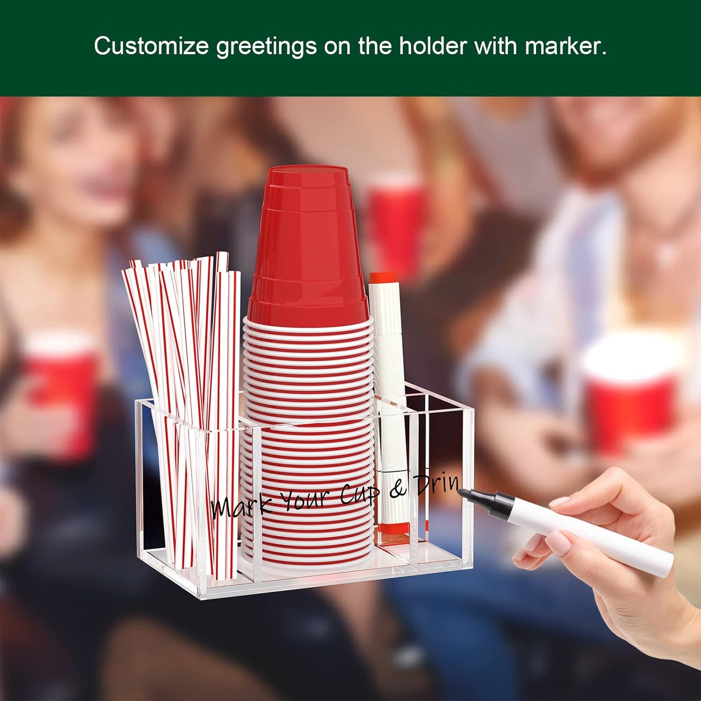 Double Cup Holder with Marker Slot, Party Cup Dispenser Acrylic Cup Organizer Mark Your Cup and Drink Up Caddy Modern Bar Counter Decor, Clear