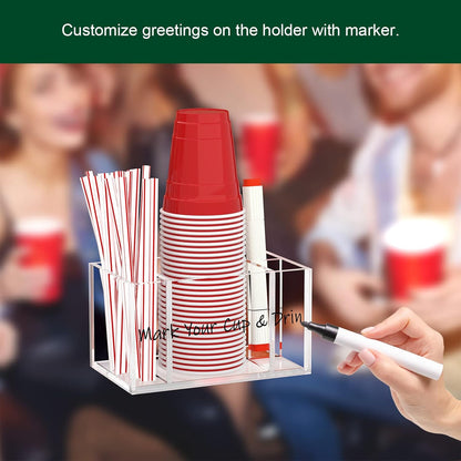 Double Cup Holder with Marker Slot, Party Cup Dispenser Acrylic Cup Organizer Mark Your Cup and Drink Up Caddy Modern Bar Counter Decor, Clear