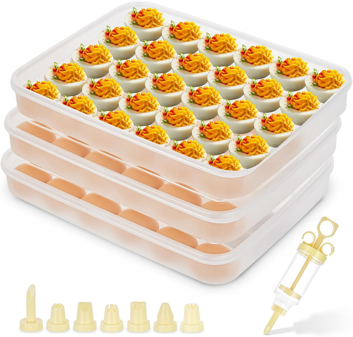 3pcs Deviled Egg Containers with Lid 8Pcs Deviled Egg Injector Piping Tool
