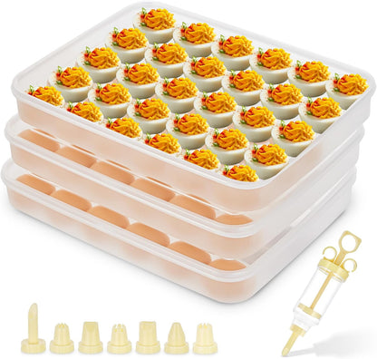 3pcs Deviled Egg Containers with Lid 8Pcs Deviled Egg Injector Piping Tool