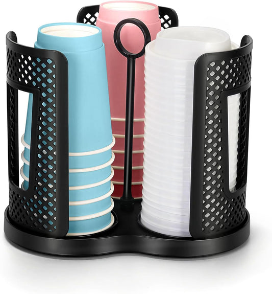 Rotating Coffee Cup Holder, Cup Dispenser with 4 Compartments, Plastic Cups Lid Organizer for Countertop, Coffee Station, Home, Office (white)