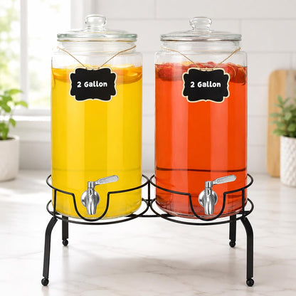 1 Gallon Beverage Dispenser 1 Pack, Stainless Steel Spigot Drink Dispenser for Parties with Stand, Clear Glass Drink Container Easy to Refill and Clean