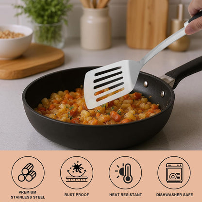 Stainless Steel Slotted Turner Spatula, Thin Edge Turner, Silver | Thin-edge Metal Spatula for Cast Iron and Stainless Steel Pans; Flips Eggs, Pancakes Burgers; Dishwasher Safe