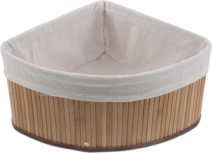 Corner Storage Basket - Bamboo Woven Organizer with Liner - Woven Pantry Basket for Shelves - Triangle Storage Bin for Kitchen, Bathroom and Bedroom (White)