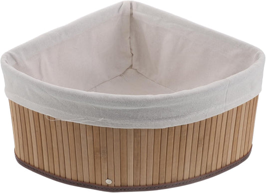 Corner Storage Basket - Bamboo Woven Organizer with Liner - Woven Pantry Basket for Shelves - Triangle Storage Bin for Kitchen, Bathroom and Bedroom (White)
