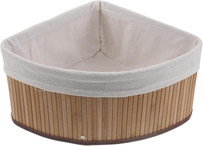 Corner Storage Basket - Bamboo Woven Organizer with Liner - Woven Pantry Basket for Shelves - Triangle Storage Bin for Kitchen, Bathroom and Bedroom (White)
