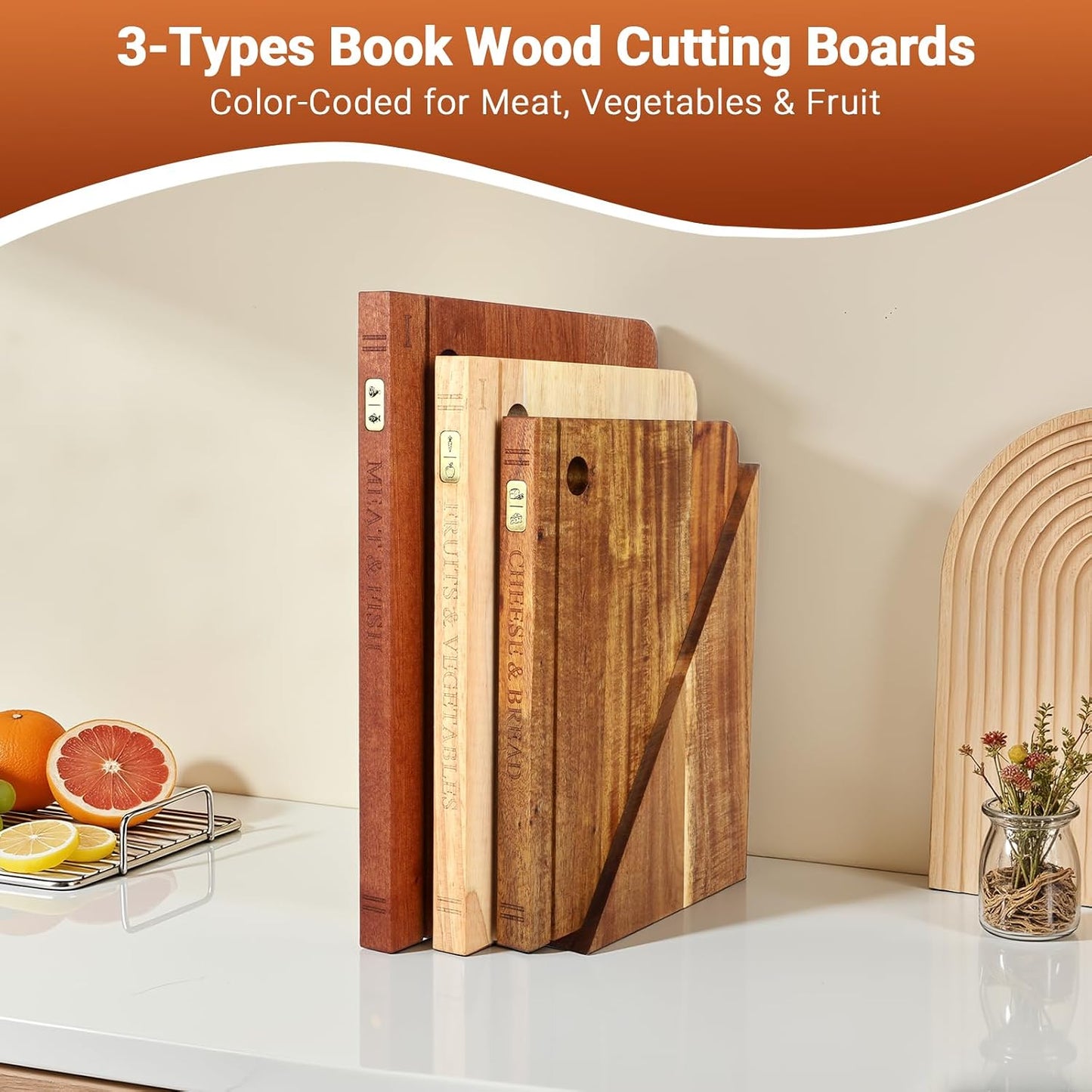 Book Cutting Board Set with Separated Stand, 3 Piece [Acacia/Ebony/Rubber] Wood Cutting Boards That Look Like Books for Kitchen Decor, Reversible Thick Chopping Board with Brass Food Labels