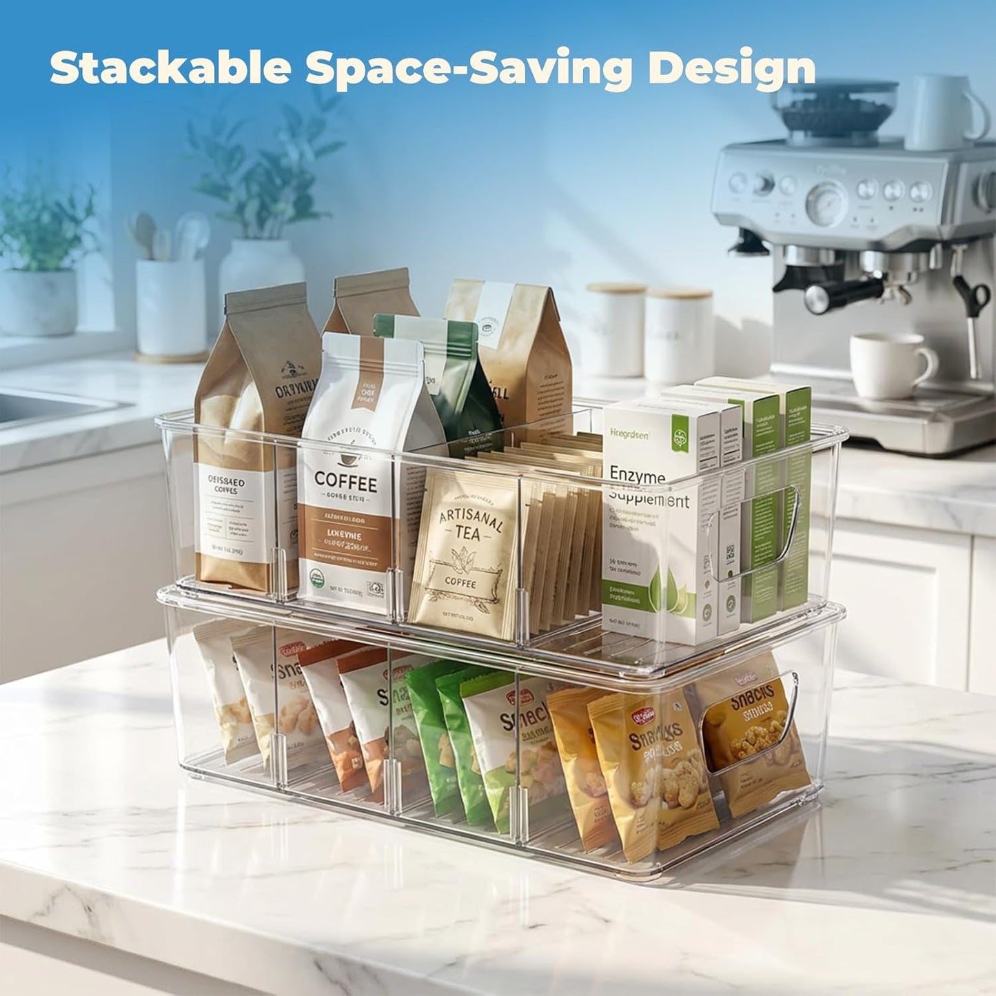 6 Pack Pantry Organizers and Storage, Clear Plastic with 3 Removable Dividers, for Tea Bag, Snack, Seasoning Organizer – BPA Free Perfect in Pantry and Fridge