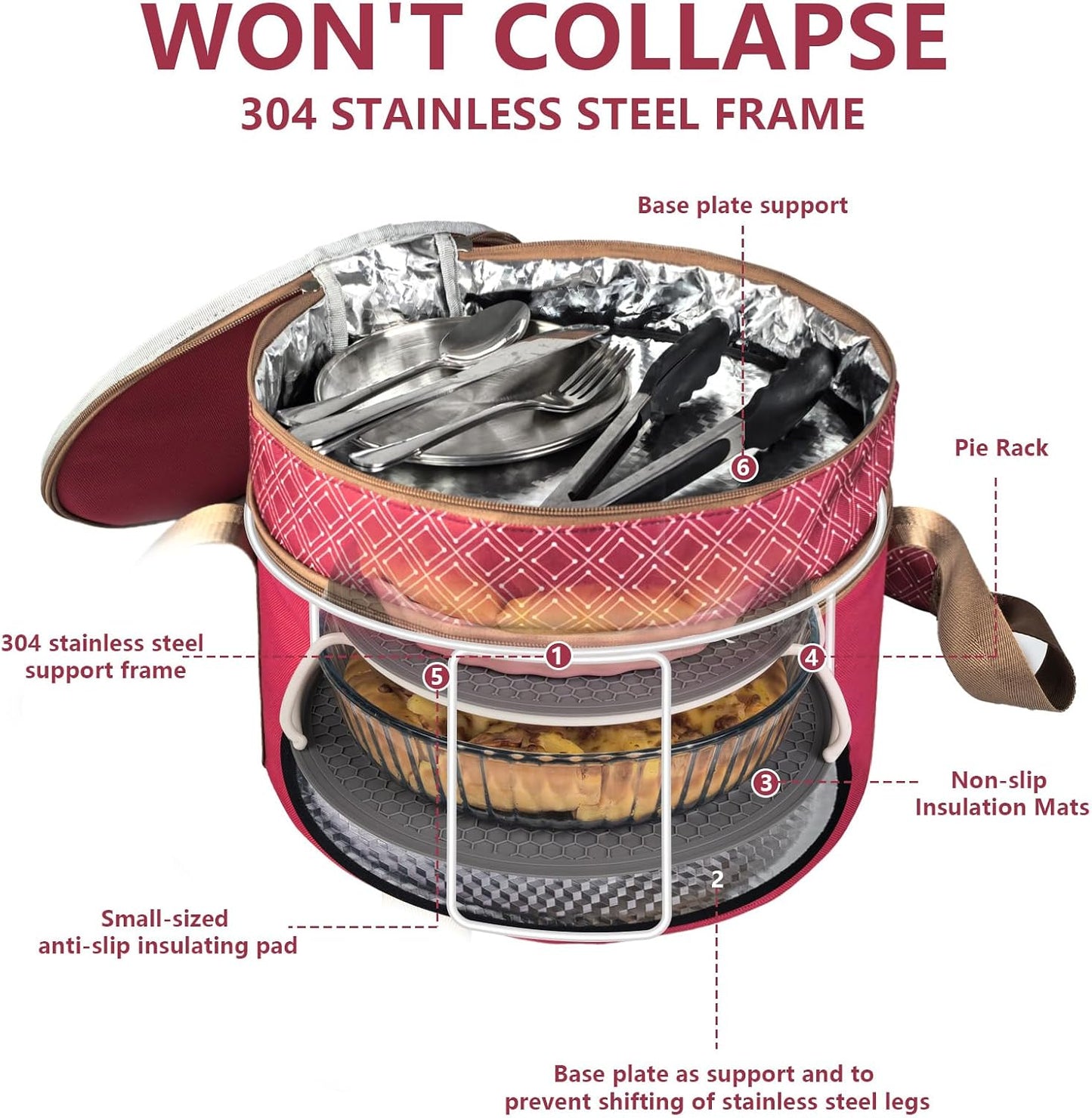 Pie Carrier With A Lid And Handle, With A Hard Edge That Won'T Collapse, Round Insulated Casserole Carrier,It Is Suitable For The Safe Transportation Of Cold And Hot Food (Red)