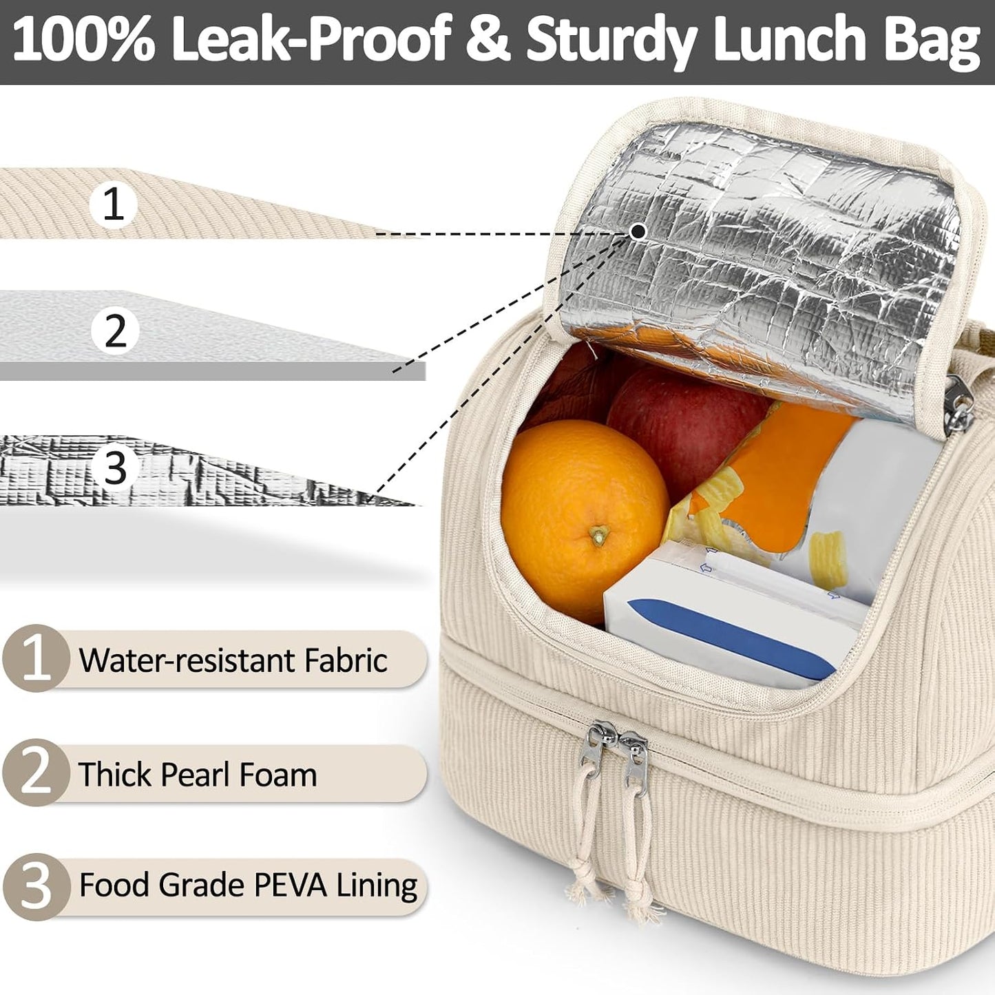 Vankor Corduroy Lunch Box Kids Insulated Lunch Bag Double Decker, Cute Leak-Proof Lunch Box for Boys Girls, Portable Cooler Lunch Bag Thermal Lunch Tote for School Picnic Travel, Light Blue