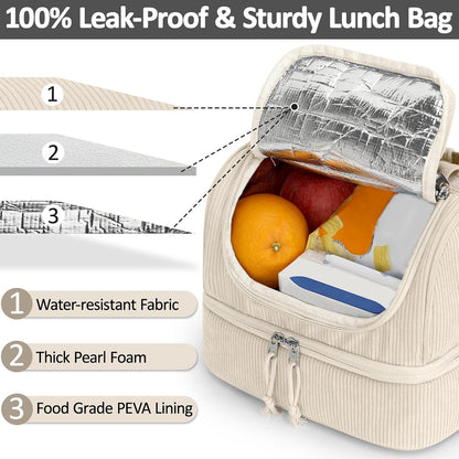 Vankor Corduroy Lunch Box Kids Insulated Lunch Bag Double Decker, Cute Leak-Proof Lunch Box for Boys Girls, Portable Cooler Lunch Bag Thermal Lunch Tote for School Picnic Travel, Light Blue