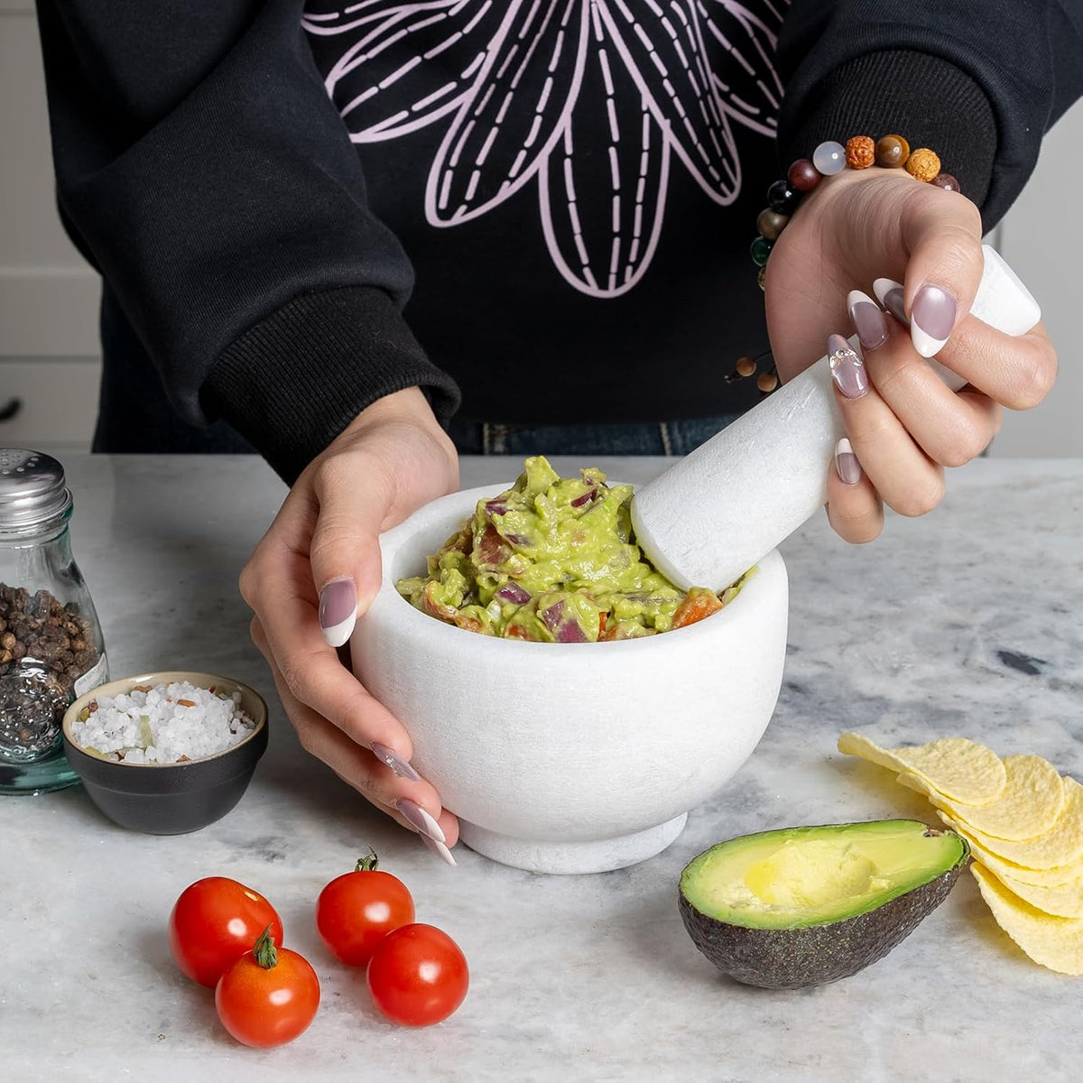 Koville Natural Marble Mortar and Pestle Set, 5" Heavy Duty Granite Grinder for Kitchen, Guacamole, Salsa, Pill Crusher, Spice, Herb, Marble Bowl for Kitchen Counter, Granite Spice Grinder Bowl