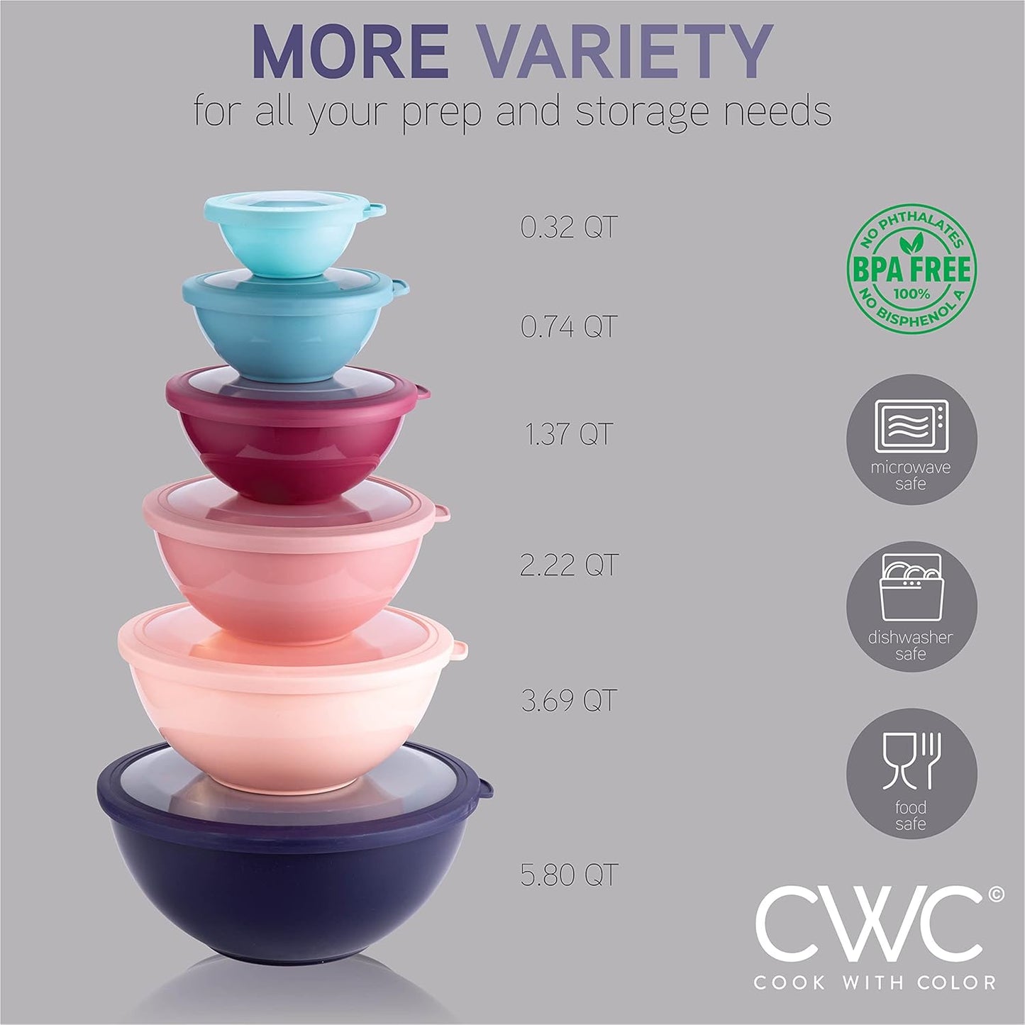 COOK WITH COLOR Mixing Bowls with Lids - 12 Piece Plastic Nesting Bowls Set includes 6 Prep Bowls and 6 Lids, Microwave Safe Mixing Bowl Set, Pink Embossed - Colors B