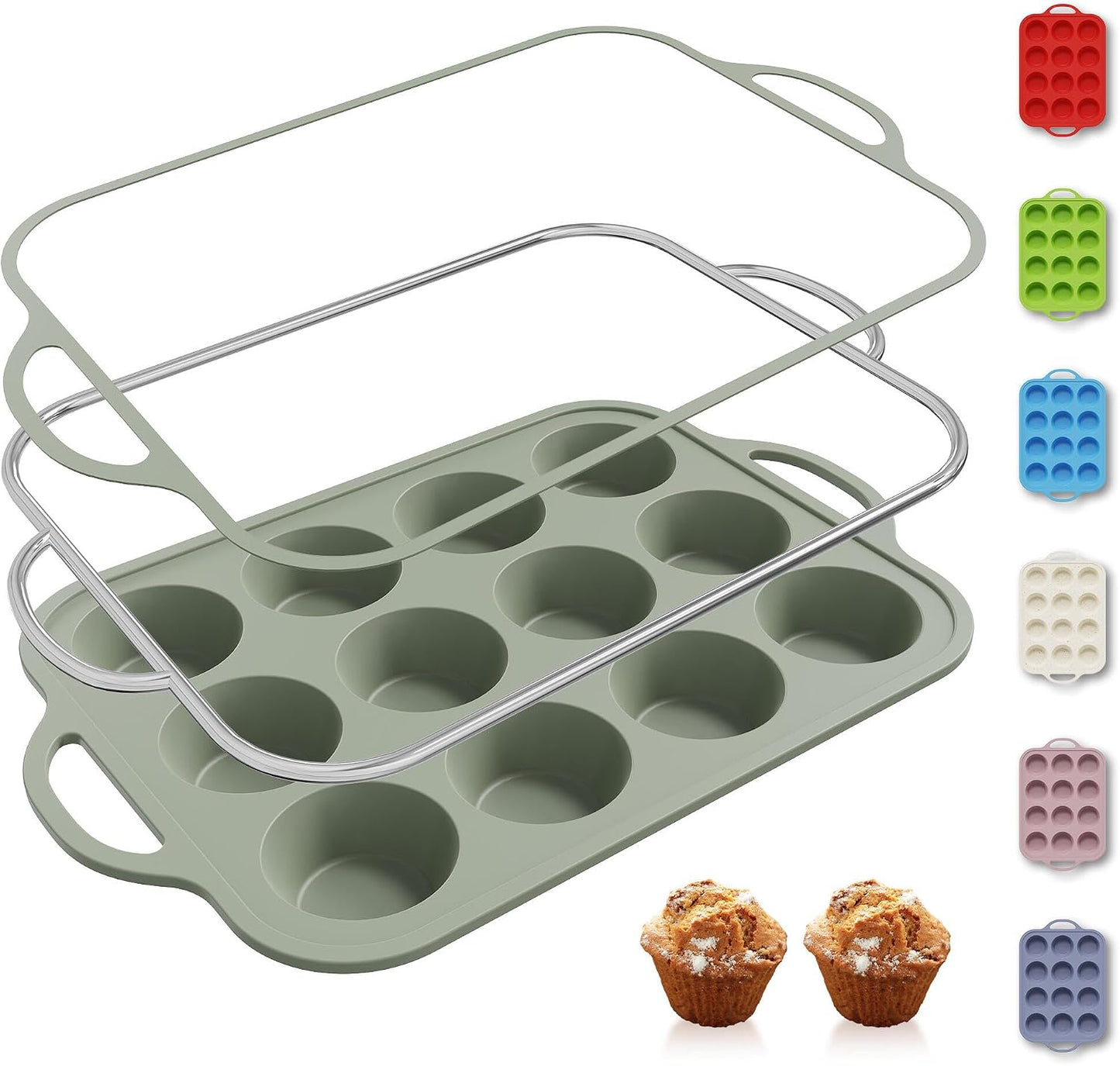 2 Packs 12 Cups Silicone Muffin Pan for Baking with Metal Reinforced Frame Regular Size Cupcake Pan Tray Egg Bites Silicone Cookie Molds Muffin Tin Tart Pans Sheet Set for Oven Dishwasher Safe