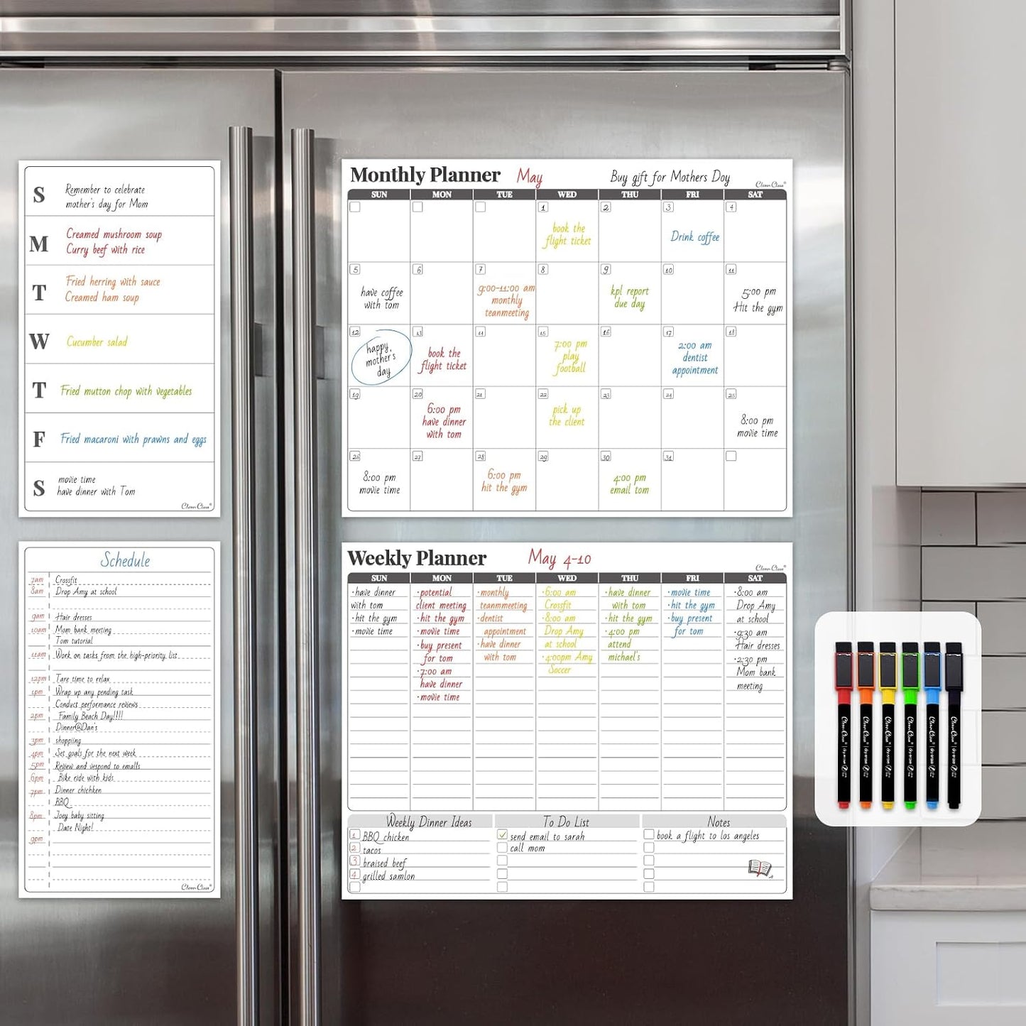 Non-Magnetic Dry Erase Calendar Set for Fridge - 14.5“x11.5 Reusable Monthly and Weekly Calendar - 6.5"x11.5" Menu and List Board Sticks to Most Smooth Surfaces - 6 Dry Erase Markers Included