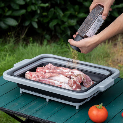 Collapsible BBQ Prep Tub with Locking Cutting Board Lid - 17.5" Meat Marinating Container & Brisket Prep Station, Space-Saving Portable Sink for Grilling, Camping & RV