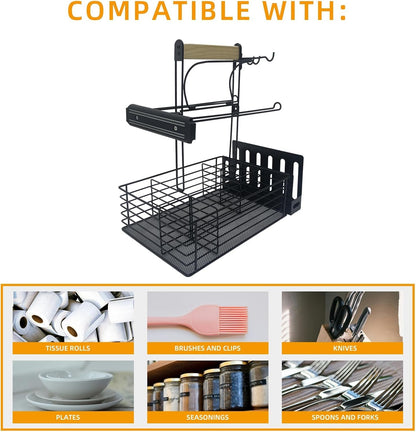 Grill Caddy,BBQ Condiment Organizer for Outdoor, Camping Tailgating Picnic Kitchen Storage Caddy Kitchen Organizer for Camper Magnetic Tool Holder with Paper Towel Holder with Handle Portable