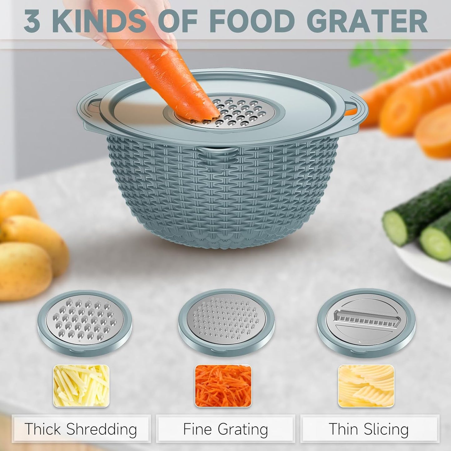 4-1 Colander with Bowl & Spoons Set - Rotatable Colander for kitchen with New Upgraded Graters, Food Strainer(Patented) for Pasta, Fruits, Vegetables, Funny Presents for Women, Beige