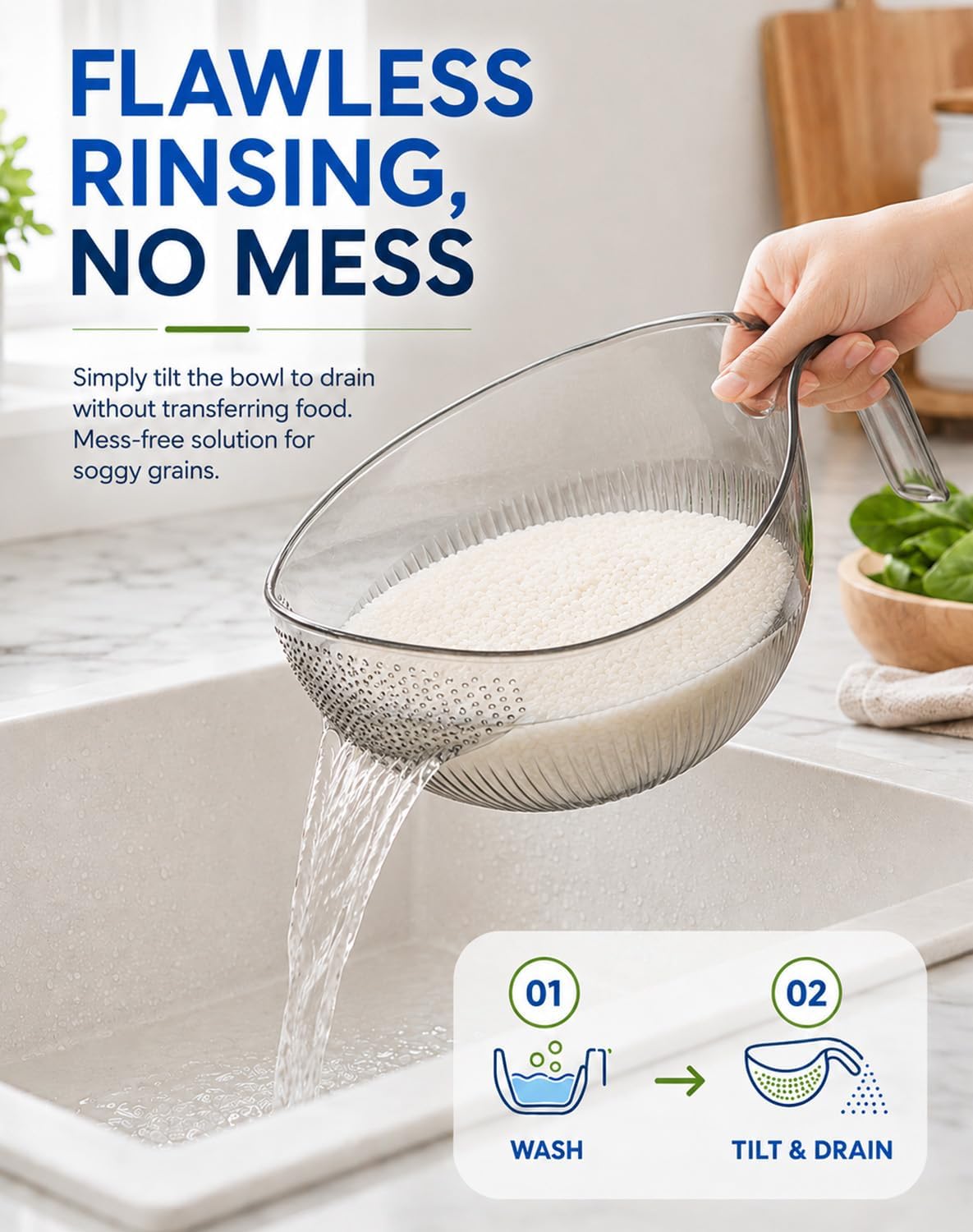 Multipurpose Rice Washing Bowl Strainer with Handle，Transparent：Small+Large