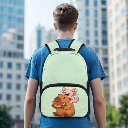 Cute Capybara Pizza Backpack for Girls, 5 Pcs Boys School Bag Set for Kids, 17 Inch Backpacks Lunch Pencil Box Reusable Utensils Case Set for Middle Elementary School, 3rd Grade Backpack