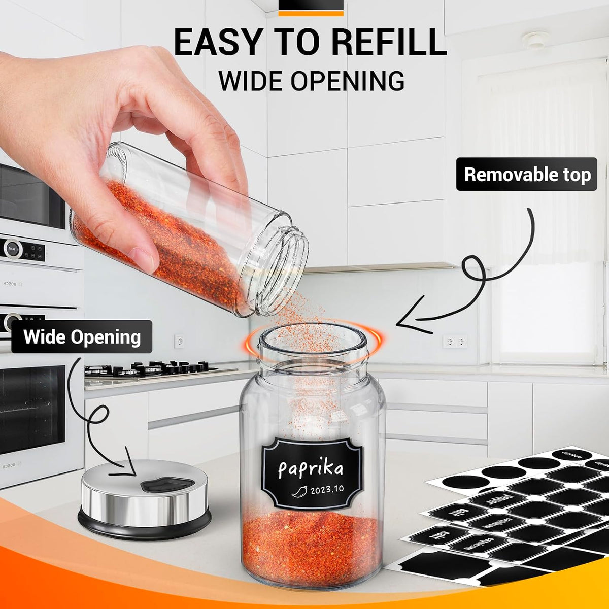 Segarty Spice Jars, 3 oz Spice Bottles with Shaker Lids, Glass Empty Seasoning Containers with Adjustable Pour Holes for Kitchen Spice Storage Stainless Steel Flow Top Salt and Pepper Shakers
