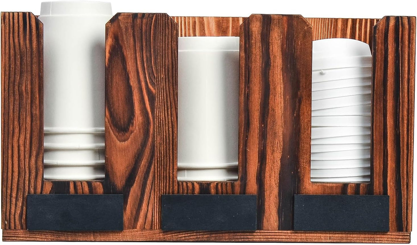 Rustic Torched Brown Wood Countertop Holder Disposable Paper Cup Wall Mounted Foam to Go Coffee Cups Server Caddy Table Top Chalkboard Labels Drink Station Café Bar Parties Organizer Rack