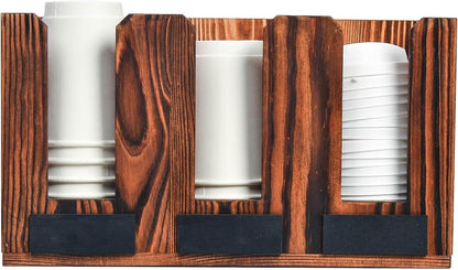 Rustic Torched Brown Wood Countertop Holder Disposable Paper Cup Wall Mounted Foam to Go Coffee Cups Server Caddy Table Top Chalkboard Labels Drink Station Café Bar Parties Organizer Rack