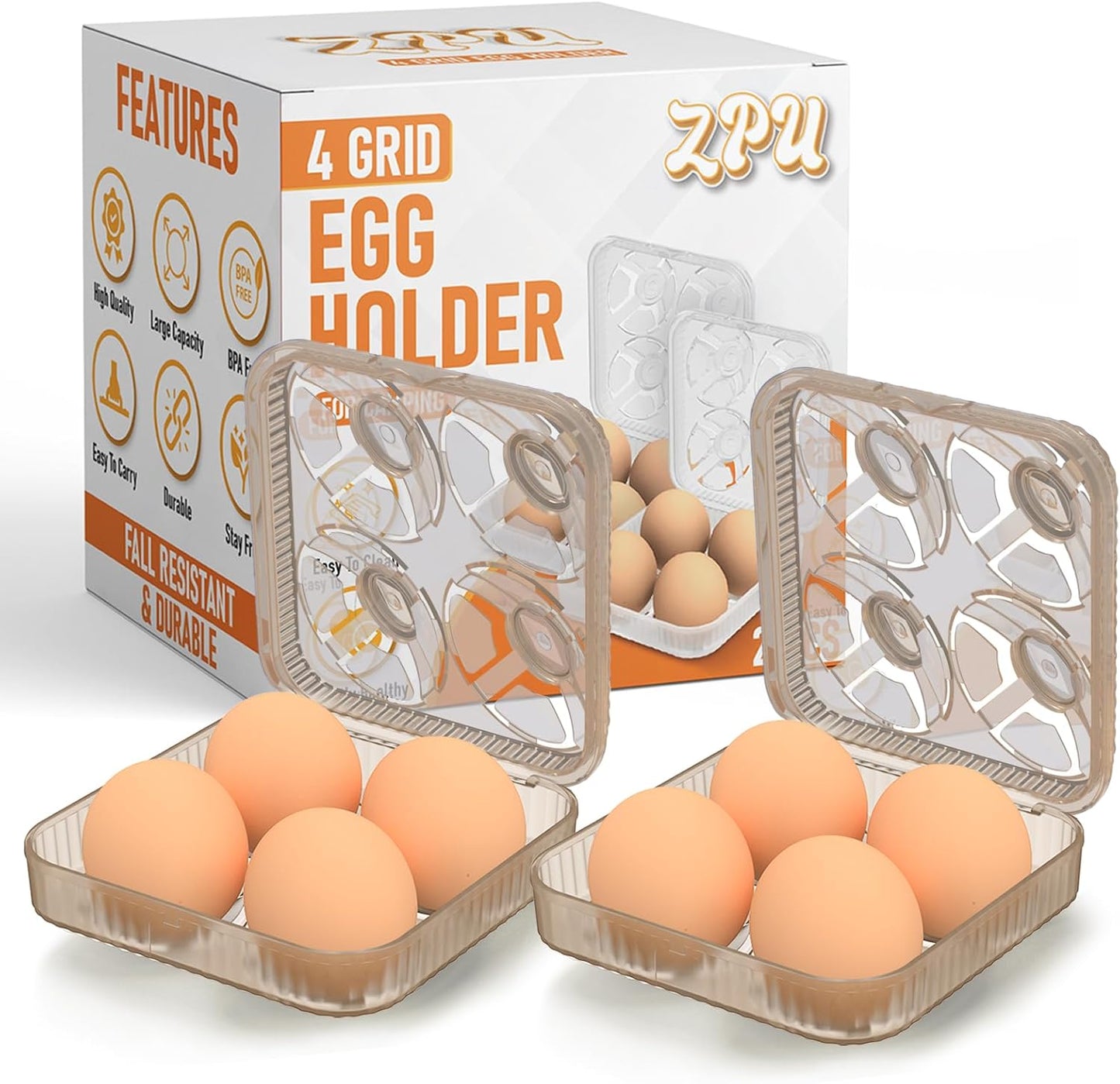 ZPU Egg Holder Camping, 1Pcs 4 Grid Egg Container, Plastic Egg Carrier for Camping Picnic Travel Outdoor Refrigerator Kitchen, Clear White