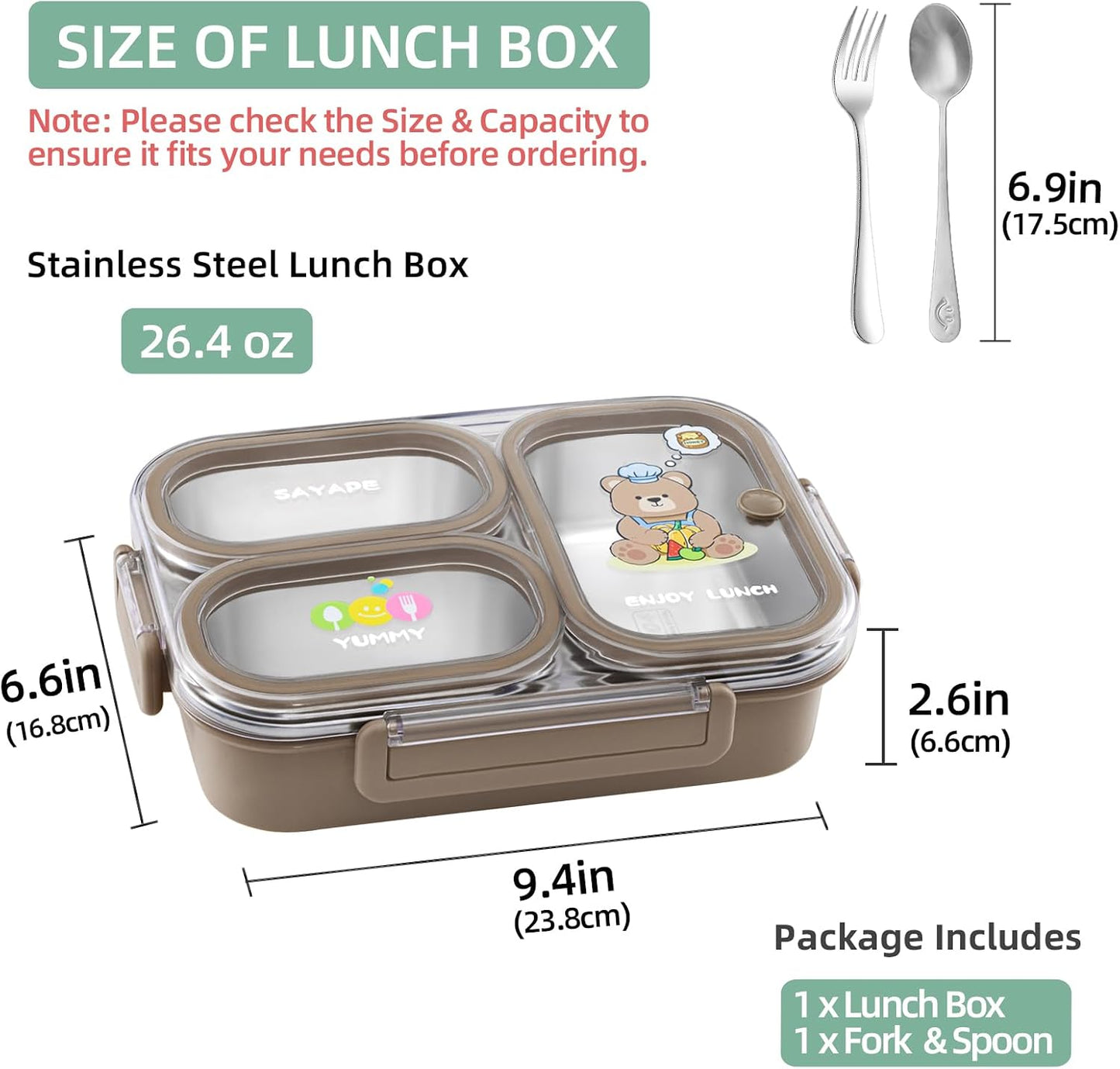 SAYAPE Stainless Steel Bento Lunch Box for Kids, 26.4 oz Leak-Proof 3-Compartment Metal Bento Box, BPA-Free, Cute Cartoon Meal Prep Snack Container with Utensils for School, Office, Travel - Beige